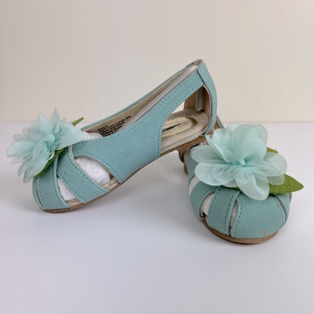 Joyfolie | Flower Embellished Chiffon Tulle Blue Open Toe Ballet Shoes | Girls 6